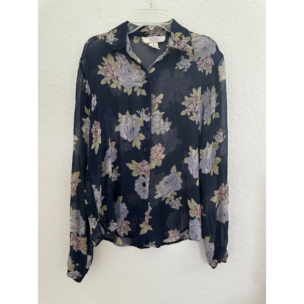 Nexx 100% Silk Button Up Shirt Womens S Blue‎ Floral Sheer L/S Fairy Whimsygoth